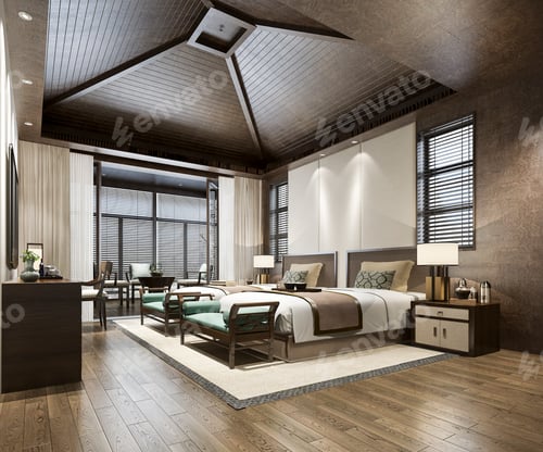 Preview: 3d rendering luxury tropical bedroom suite in resort hotel and resort