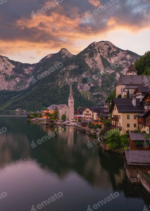 Preview: Hallstatt village on Hallstatter lake in Austrian Alps Austria during sunset