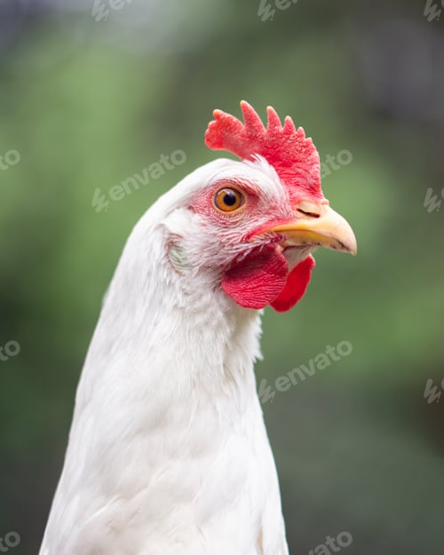 Preview: Portrait of free range white chicken leghorn breed in summer garden