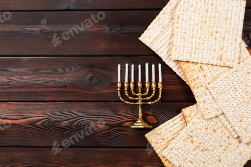 Preview: Jewish holiday Passover banner design with wine, matzo on wooden background.