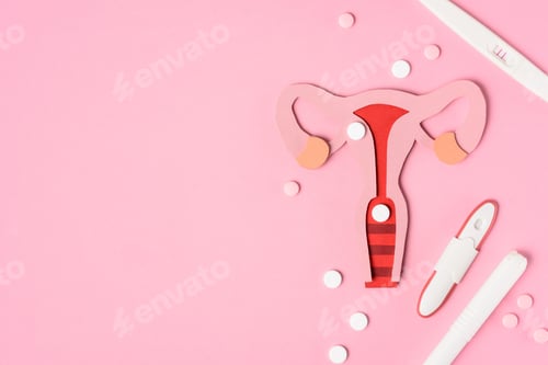 Preview: top view of female reproductive system, pills and various pregnancy tests on pink