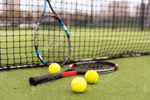 Preview: tennis racket with balls on green background.