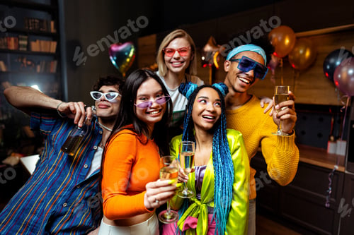 Vista previa: Group of friends making party at home on new year evening