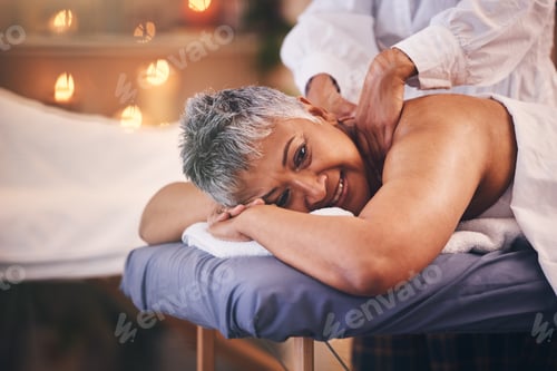 Preview: Spa, massage and senior woman on table with hands of therapist on back for happiness, health and we