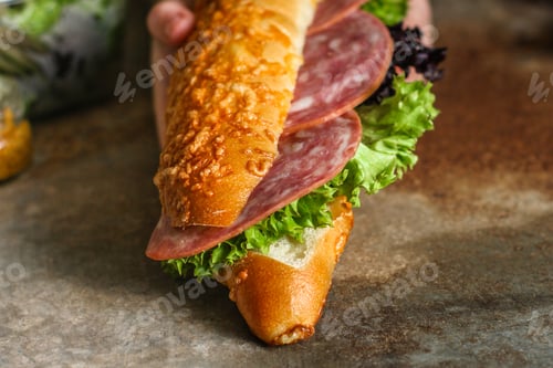 Preview: Sandwich With Bread Rolls, Lettuce, Sausage Ham On Wooden Background. Picnic Food. Top View