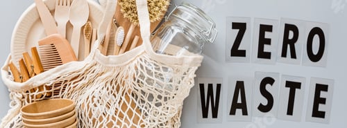 Preview: Horizontal long banner for web design of zero waste eco friendly reusable products on gray
