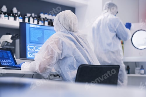 Preview: Future, research and science team in an investigation of hazard, virus and in a chemistry laborator
