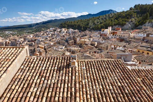 Preview: Picturesque ceramic tiled roofs in Moratalla streets. Murcia, Spain