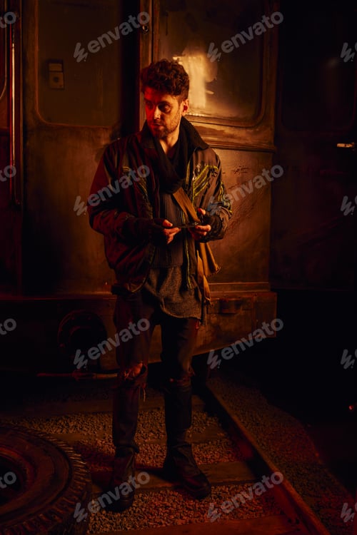 Preview: man in dirty clothes with spare part of rusty carriage in post-disaster subway with red light