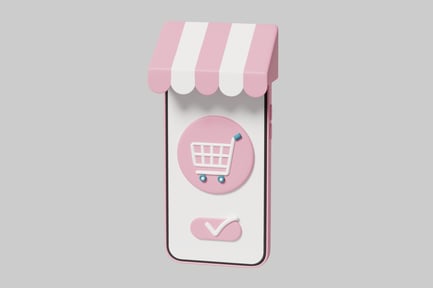 Preview: Pink smartphone with white shopping cart icon on screen.