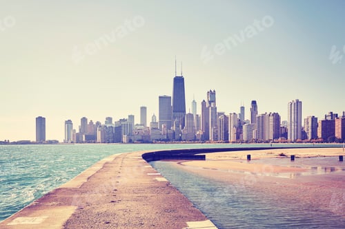 Preview: Vintage toned Chicago city skyline, USA.