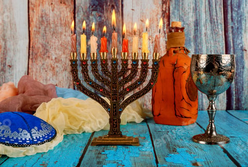 Preview: Jewish holiday, Holiday symbol Hanukkah Brightly Glowing Hanukkah Menorah soft focus