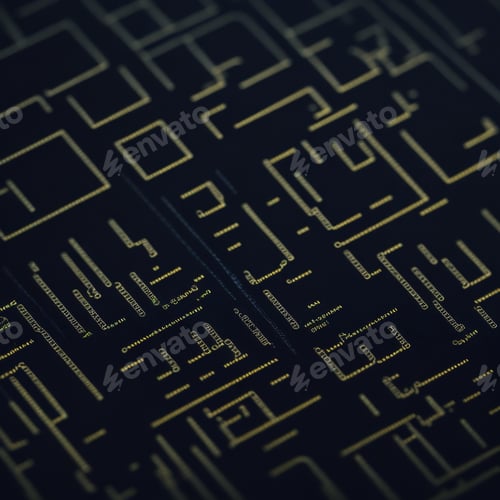 Preview: Abstract Views of Microchips in Macro Shot: Black Boards and Golden Schemes