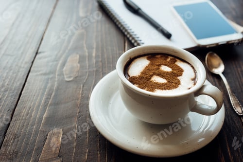 Preview: Cup of coffee with bitcoin symbol on milk foam