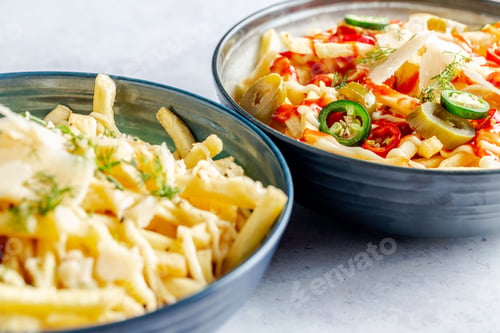 Preview: Two bowls of french fries topped with sauce