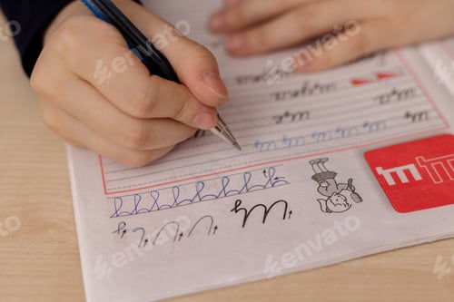 Preview: A girl up to 10 years old does homework by letter.