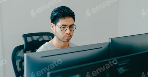Preview: Asia male typing write prompt AI bot IT app smart program nomad, video game, terminal with coding.