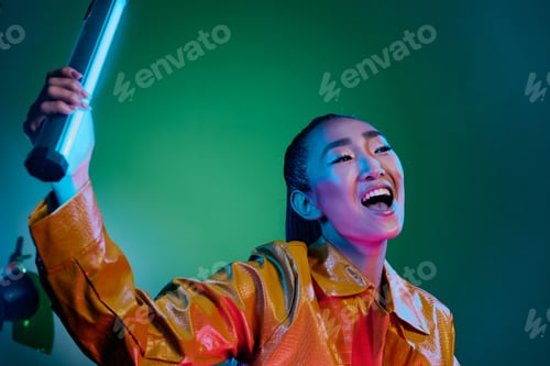 Preview: Yellow woman make-up colorful trendy neon hair green beauty model fashion disco light