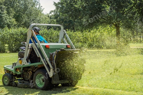Preview: Professional gardener cutting green grass on lawn mower machine in park