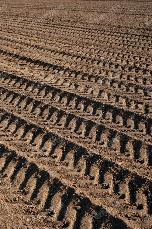 Preview: traces on the plowed land of the agricultural field during the preparation of the land for sowing