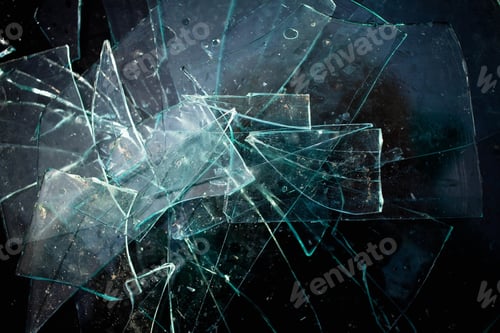 Preview: Broken glass pile pieces texture and black background.