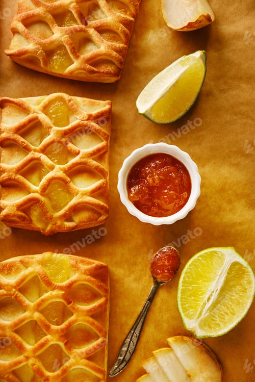 Preview: Freshly baked puff pastry mini pies with pear and lime jam