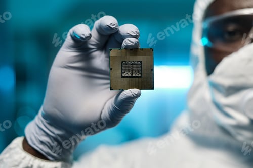 Preview: Gloved hand of African man holding small board with microchip