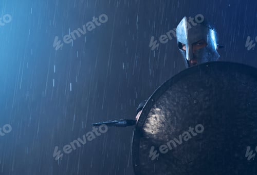 Preview: Spartan warrior hiding behind shield