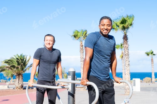 Preview: Sport workout of caoucasian and african american men