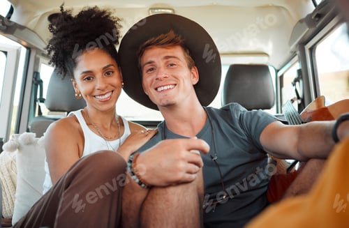 Preview: Couple, road trip or bonding in camper travel on safari game drive in nature desert environment or