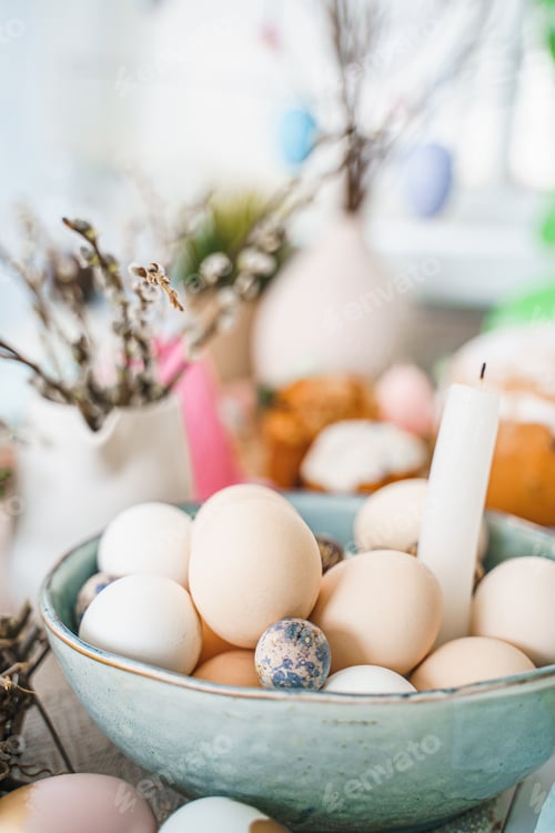 Preview: Table decoration for Easter celebration in kitchen.Tablescape for Easter holiday at home.Family reli