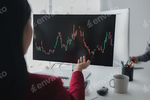 Preview: Asian woman looking at stock market graph screen, stock market businessman analyzing stock market ri