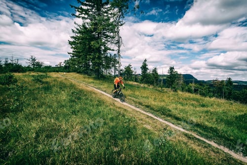 Preview: Mountain biking man riding in woods and mountains