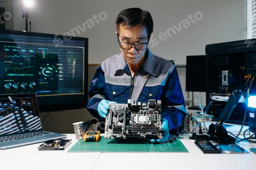 Preview: Professional senior technician holding and inspecting computer motherboard at high-tech