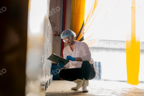 Preview: scientist inspecting seafood product processing in a clean factory.