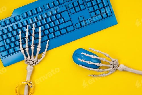 Preview: Human skeleton hands typing on blue computer keyboard, flat lay, top view. Social media victim, self