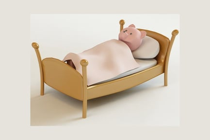 Preview: Wooden bed with piggy bank and bedding