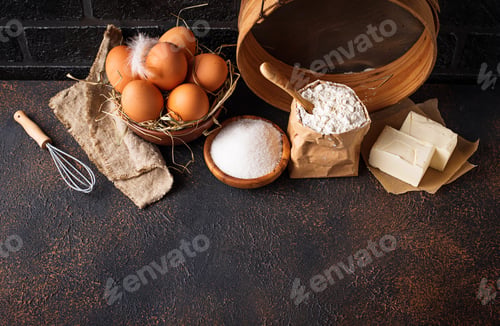 Preview: Ingredients for baking. Butter, eggs, sugar and flour