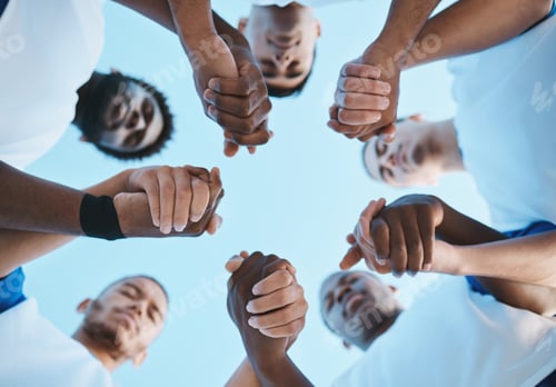 Preview: Sports, teamwork and praying with hands of soccer player on field for fitness, support and communit