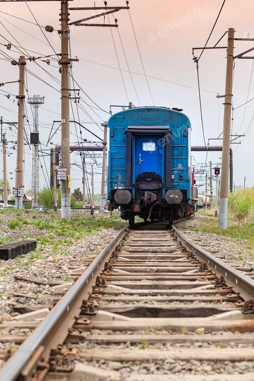 Preview: closeup of railway track with train standing. Trains depart and arrive at Tomsk2.