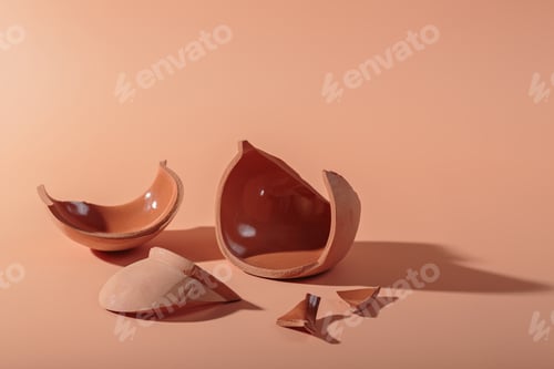 Preview: Details of broken ceramic cup on beige background