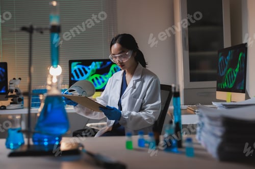 Preview: Scientist conducting research in a dark biochemistry laboratory