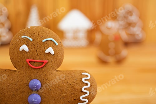 Preview: Christmas gingerbread cookies on wooden background