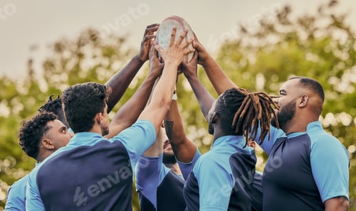 Preview: Diversity, team and men hands together in sports for support, motivation or goals outdoors. Sport g