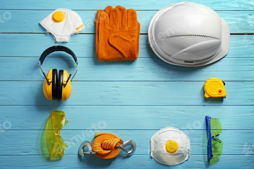 Preview: Flat lay composition with safety equipment and space for text on wooden background