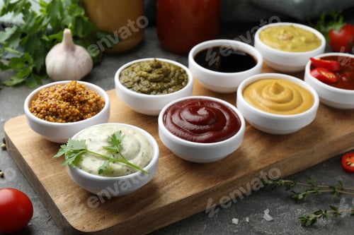 Preview: Many different sauces and products on grey table