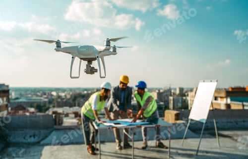Preview: Team of architects people in group on construciton site check documents and business workflow