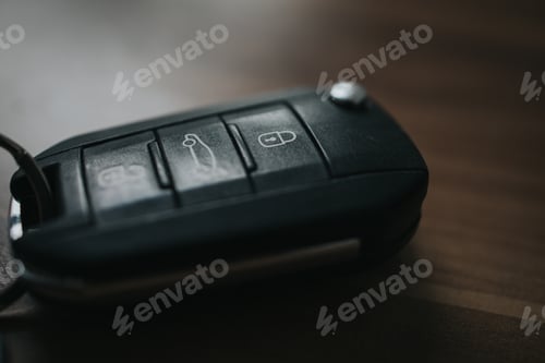 Preview: Closeup shot of a black smart car key on a wooden table