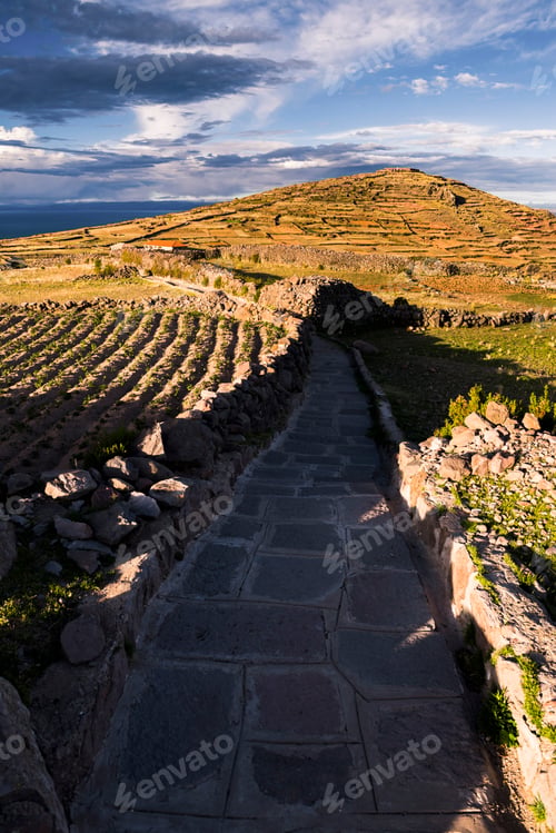 Preview: Amantani Islands (Isla Amantani) seen from Pachamama (Mother Earth) summit, Lake Titicaca, Peru, Sou