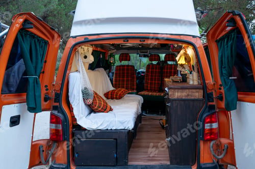 Preview: The interior of the recreational camper van. Van life concept.